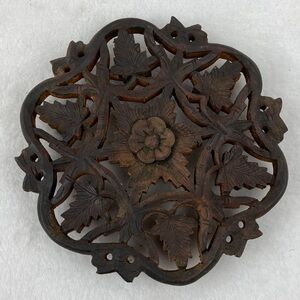 Intricate Brown Wooden Hand Carved Trivet 6.5” India